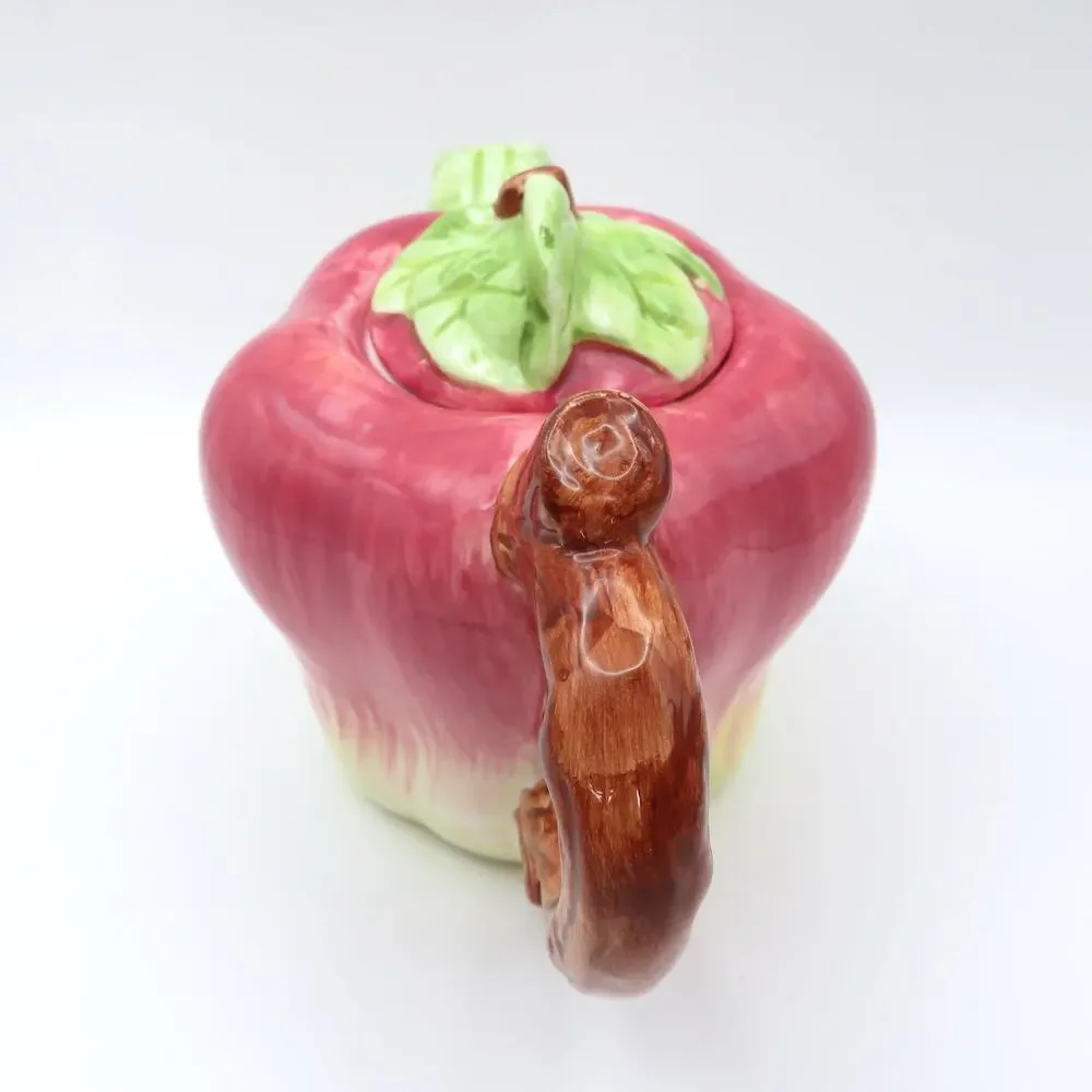 Vintage Apple Shaped Ceramic Teapot Single Serve Reddish Pink and Green 8 Oz
